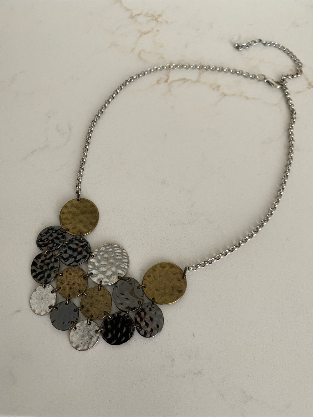 Hammered Mixed Metal Disc Bib Necklace - Silver and Gold Tones